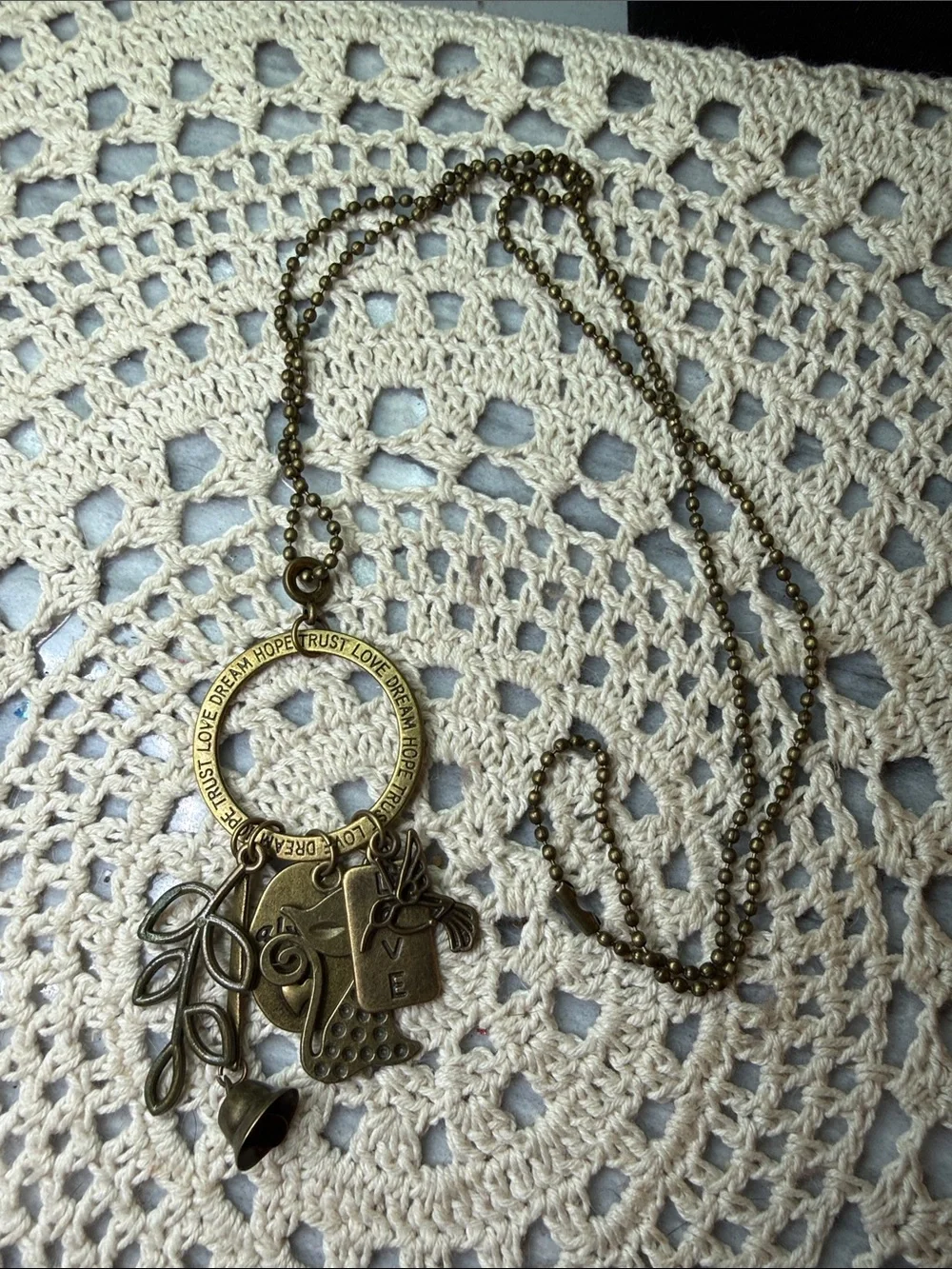 Vintage-Inspired Bronze Charm Pendant Necklace - Love/Dream/Trust